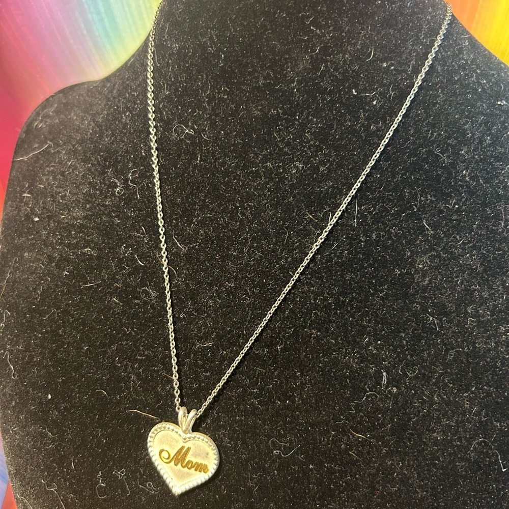Two Tone Mom Heart Pendant Necklace Silver Gold Tone Script Jewelry